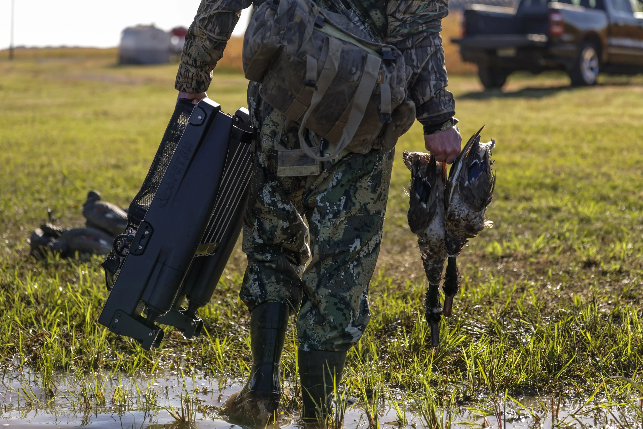 A person dressed in camouflage hunting clothing is walking through a grassy area with water, carrying a dead bird in their hand and a Fetch Waterfowl Retrieval System.
