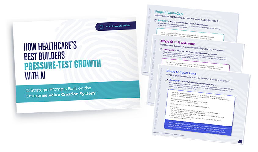 Cover page and several pages of a workbook titled "How Healthcare's Best Builders Pressure-Test Growth with AI," featuring a subtitle about 12 strategic prompts built on the Enterprise Value Creation System, with visible prompts on the pages.