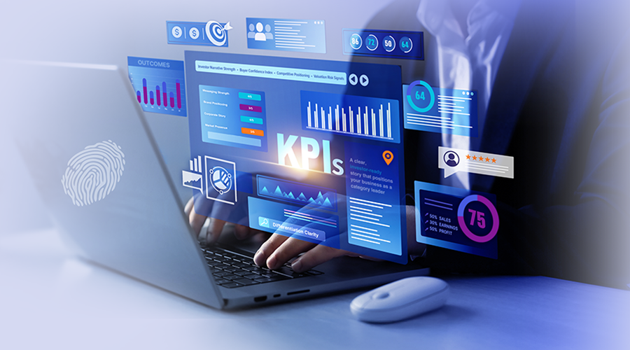 Person using a laptop with digital analytics and KPI data overlays on the screen.