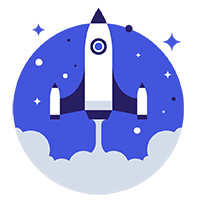 Rocket launching into space with stars and clouds in the background