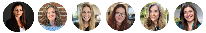 Six women photographed in individual circular frames, smiling and looking at the camera.