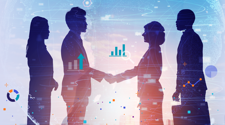 Silhouettes of four business professionals engaging in a handshake with a digital, futuristic background featuring graphs and data visuals.