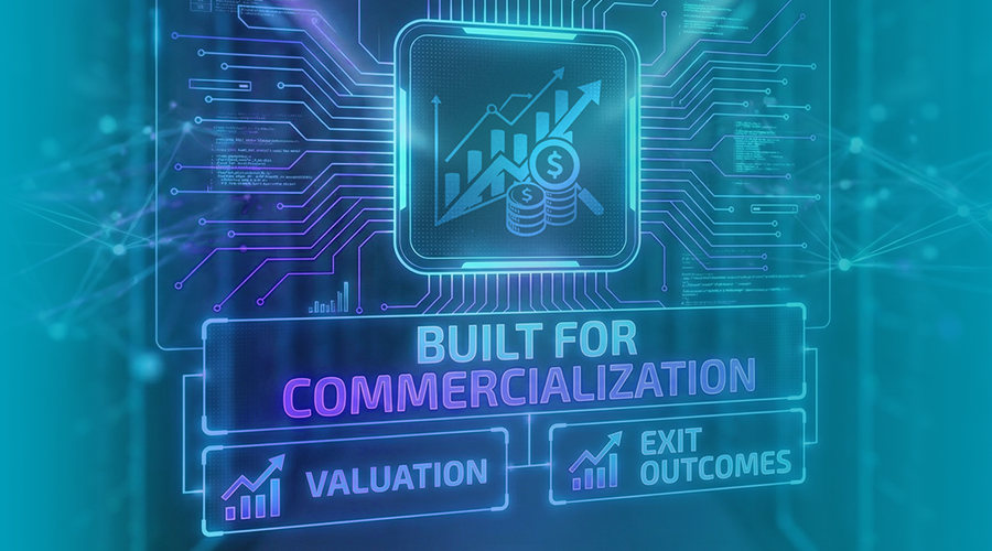 Digital graphic showing a smartphone with an upward trending graph, dollar signs, and coins. Surrounding it are circuit-like lines, with text that reads 'Built for Commercialization,' 'Valuation,' and 'Exit Outcomes.'