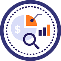 Clock face with financial icons including a dollar sign, pie chart, bar graph, and magnifying glass.