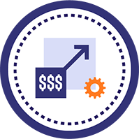 An icon of a rising financial graph with a dollar sign, arrow, and gear symbol, representing financial growth or investment.
