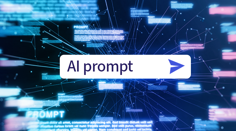 Digital illustration of interconnected glowing blue and pink text boxes and lines representing AI prompts, with a central white speech bubble labeled 'AI prompt' and an arrow, set against a dark futuristic background.