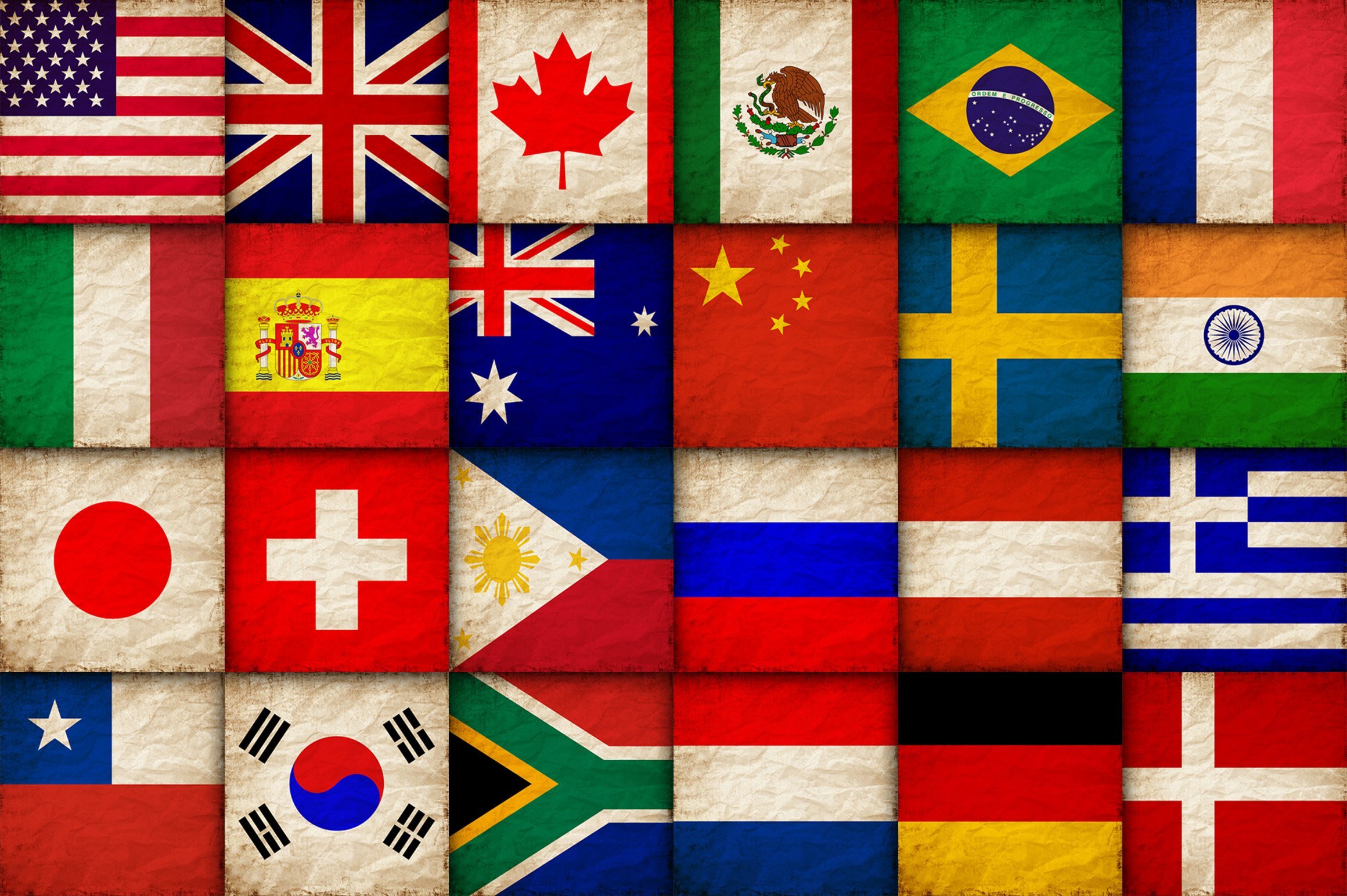 A collage of various national flags from around the world arranged in a grid pattern.