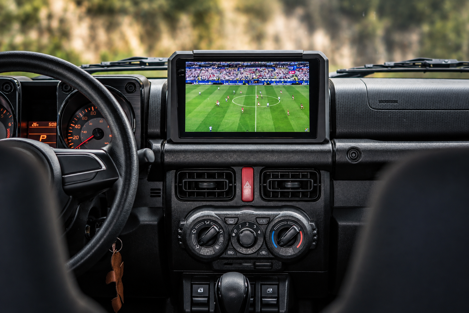 Pantalla multimedia instalada en el tablero de un vehículo mostrando un partido de fútbol.