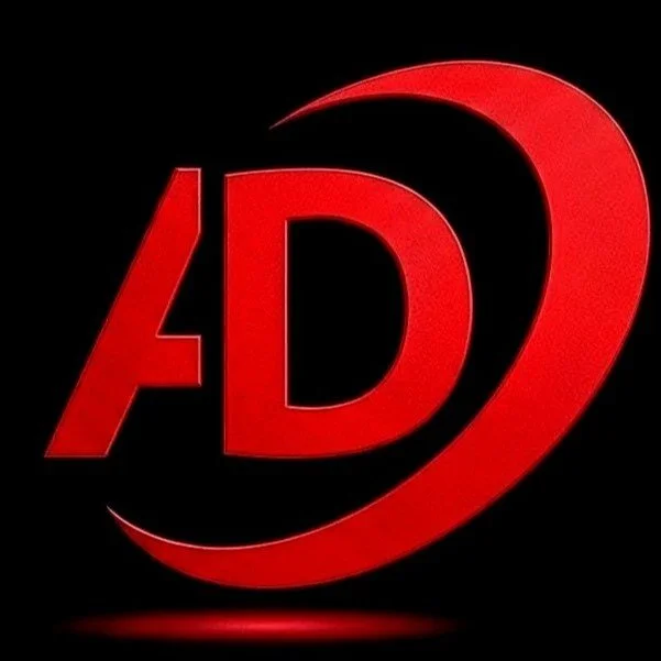 Red and black logo with the text 'AD' and a curved swoosh design.