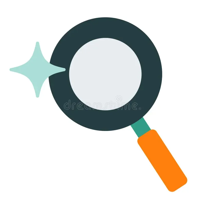Illustration of a magnifying glass with an orange handle, a sparkle to the left, and a blank circular center.