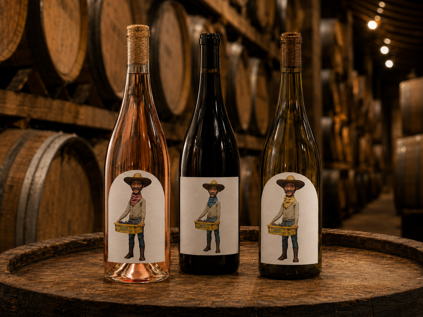 Three bottles of Vista de los Azules wine atop a wine barrel
