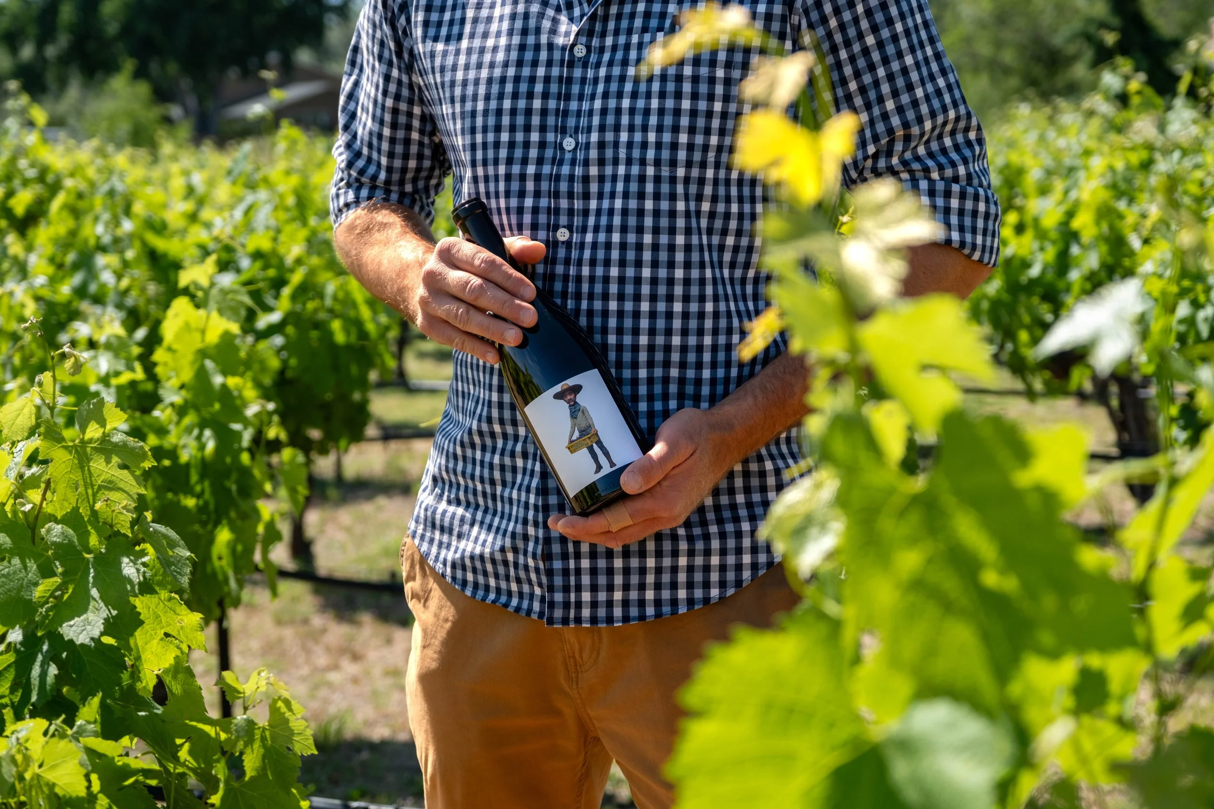 Dirk Brink holding a bottle of Vista de los Azules wine