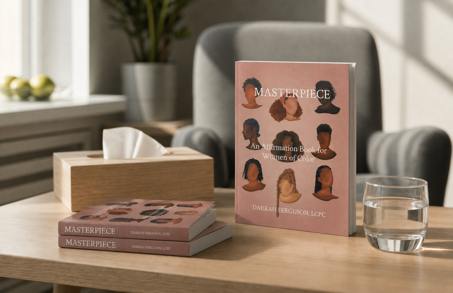 Book titled "Masterpiece: An Affirmation Book for Women of Color" by Darrah Ferguson, LCPC, on a wooden table with tissue box and glass of water in a bright room.