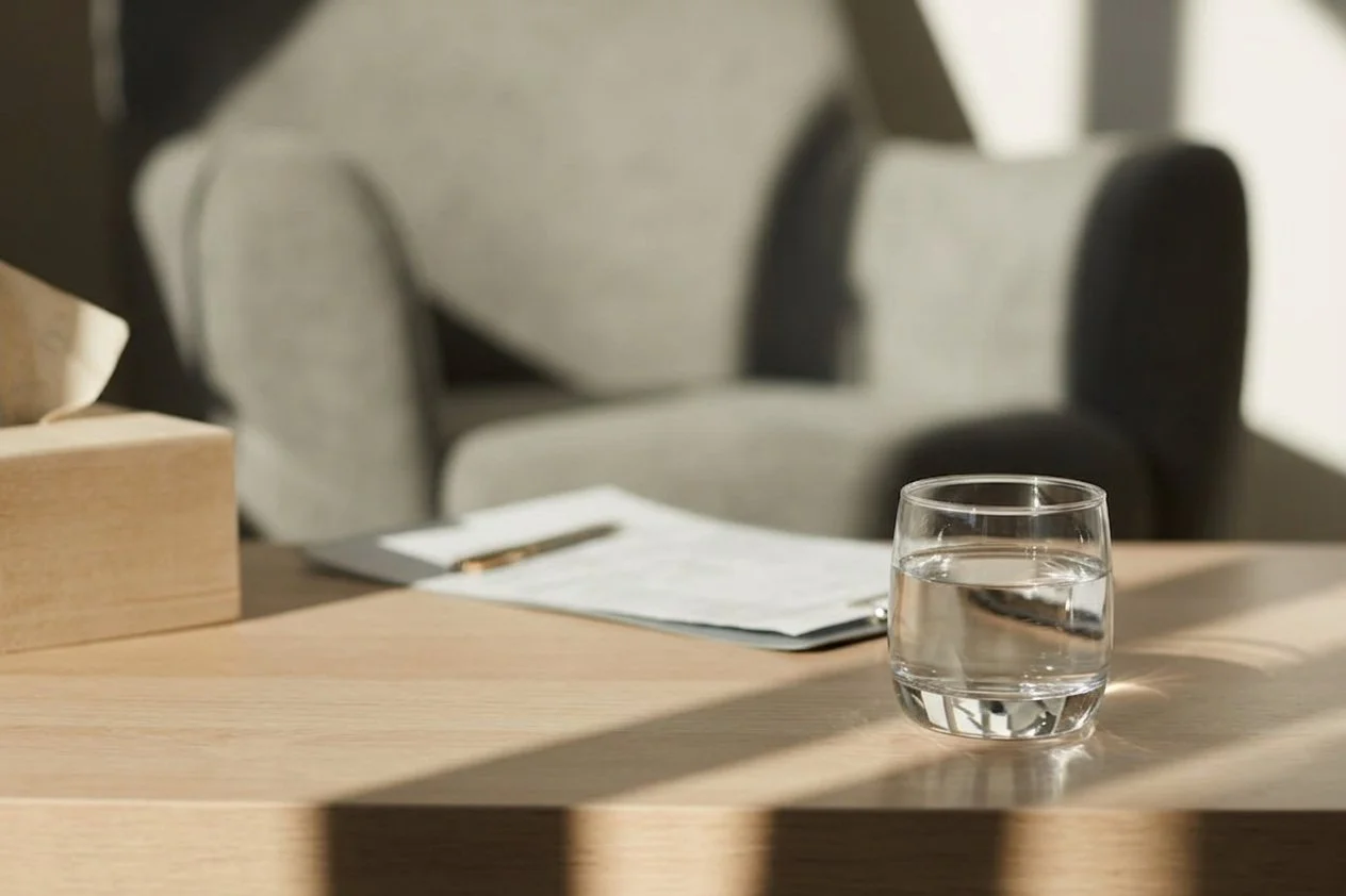 A glass of water on a wooden table with sunlight shadows, with a blurred chair and paper in the background.