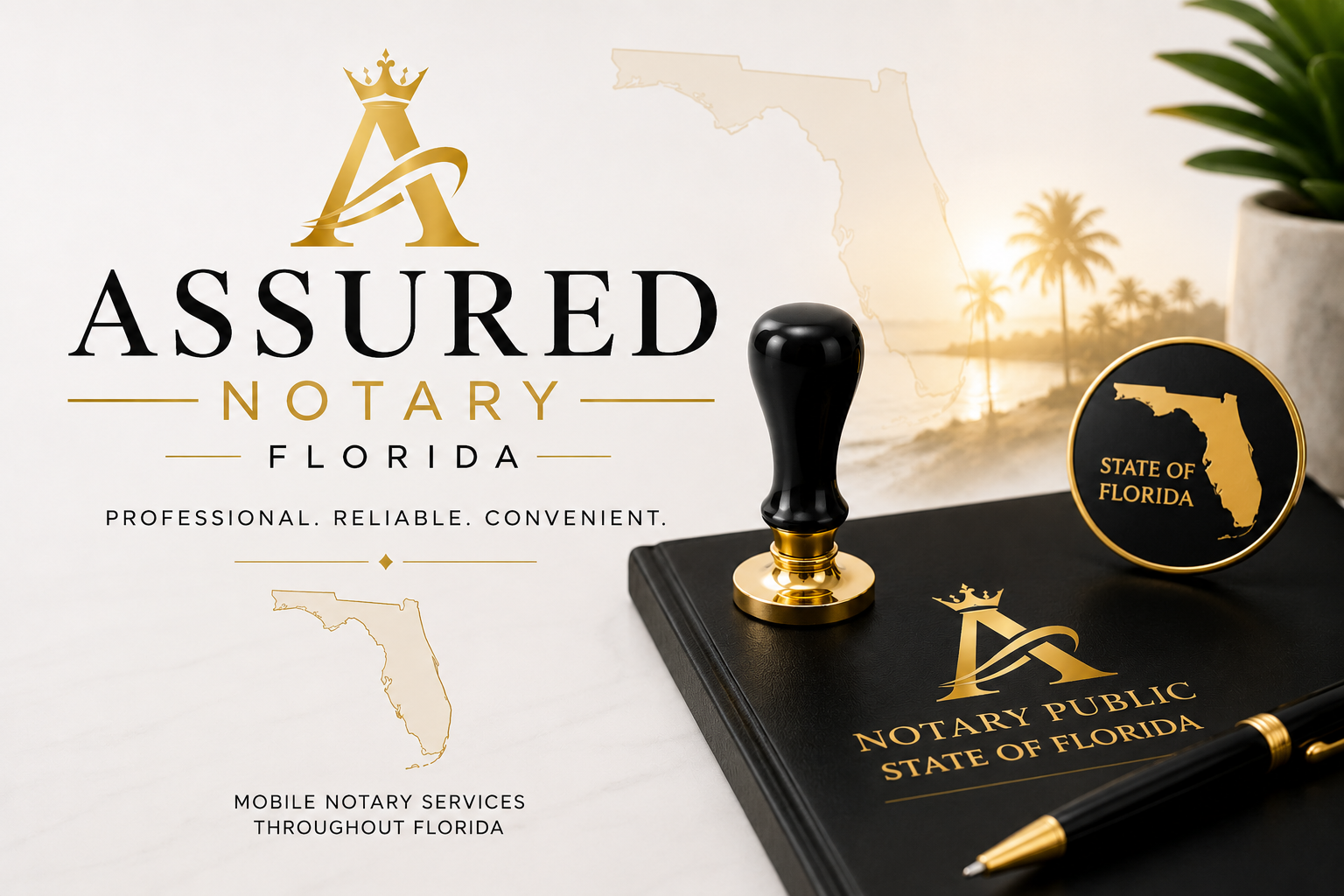 A promotional image for Assured Notary Florida, featuring a gold and black notary stamp, a black notebook with gold branding, a black and gold pen, a Florida state outline badge, and a background of palm trees at sunset.