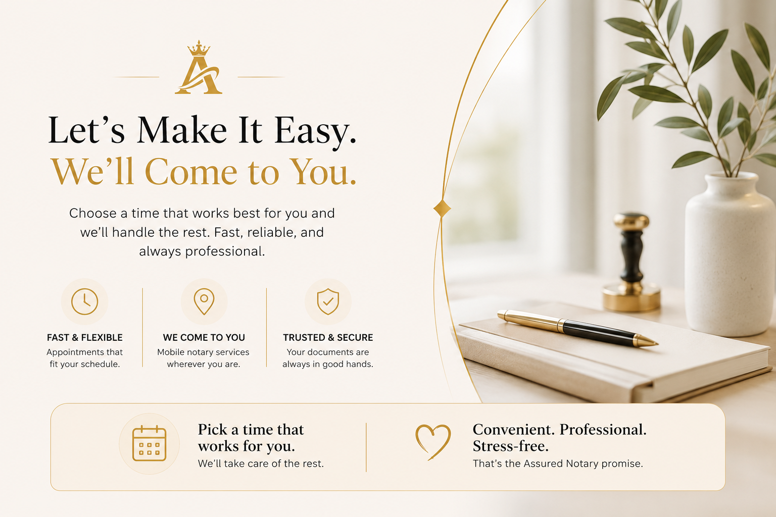 Website homepage for a mobile notary service with gold and black text, icons, and a neutral background, featuring a notebook, pen, and decorative plant on the right side.