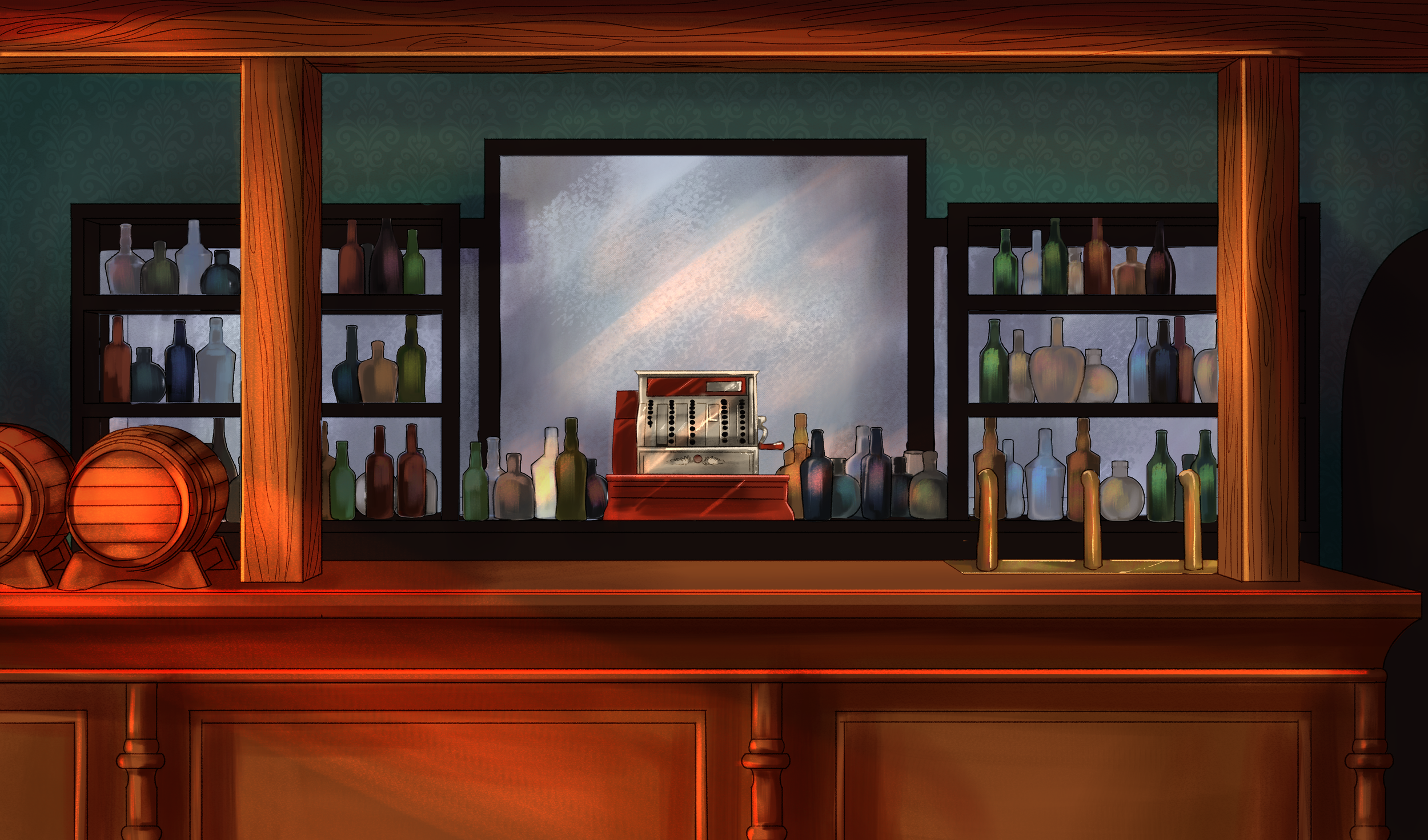 A wooden bar counter with shelves behind it filled with various bottles of alcohol, some barrels on the side, and a vintage cash register in the center.