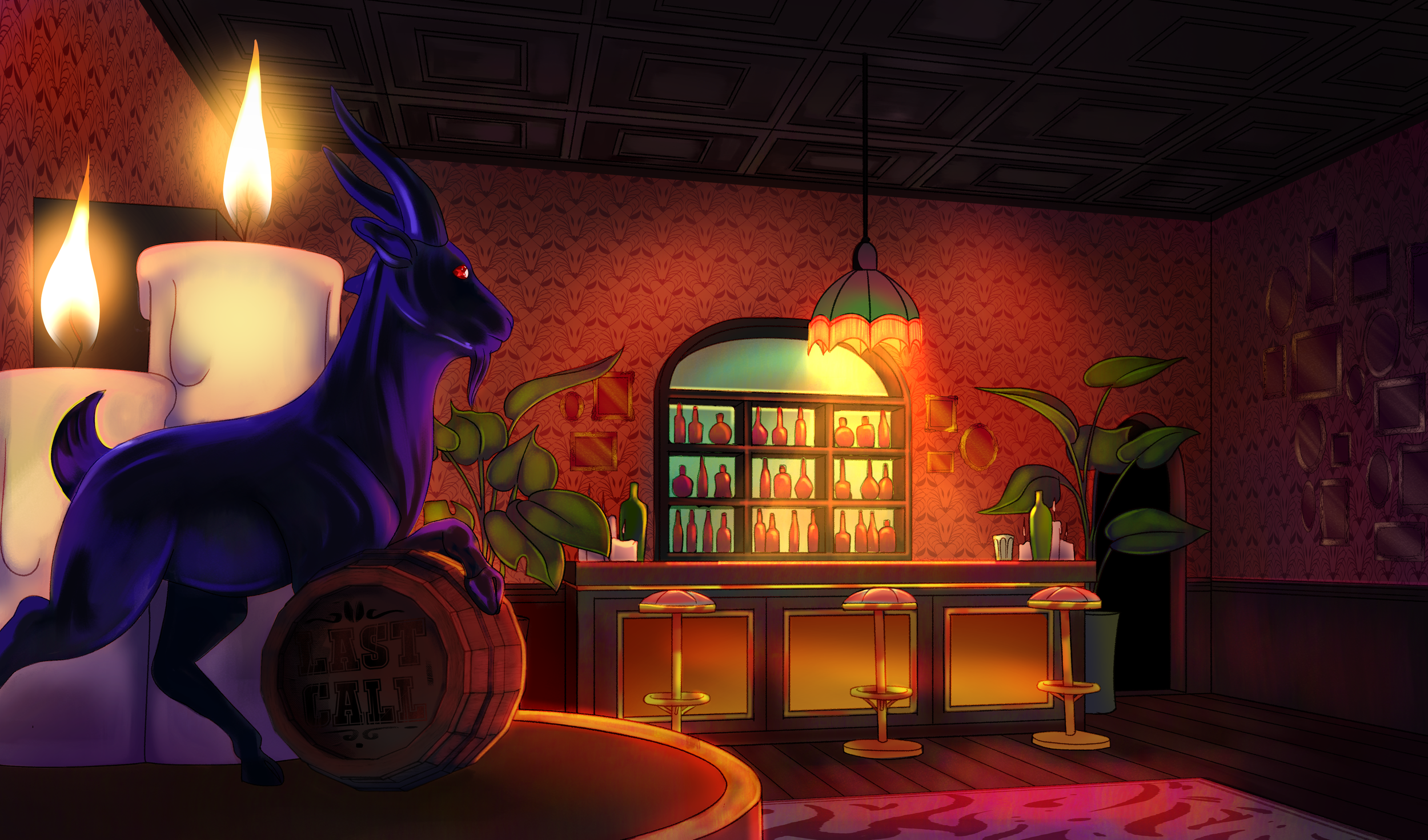 A dark interior room with red patterned wallpaper, featuring candles, green plants, picture frames on the walls, and a bar with bottles. A purple, demonic-looking rabbit with red eyes sits on a white table, wearing a plaid shirt and a round vest with the words 'Last Call' on the back.