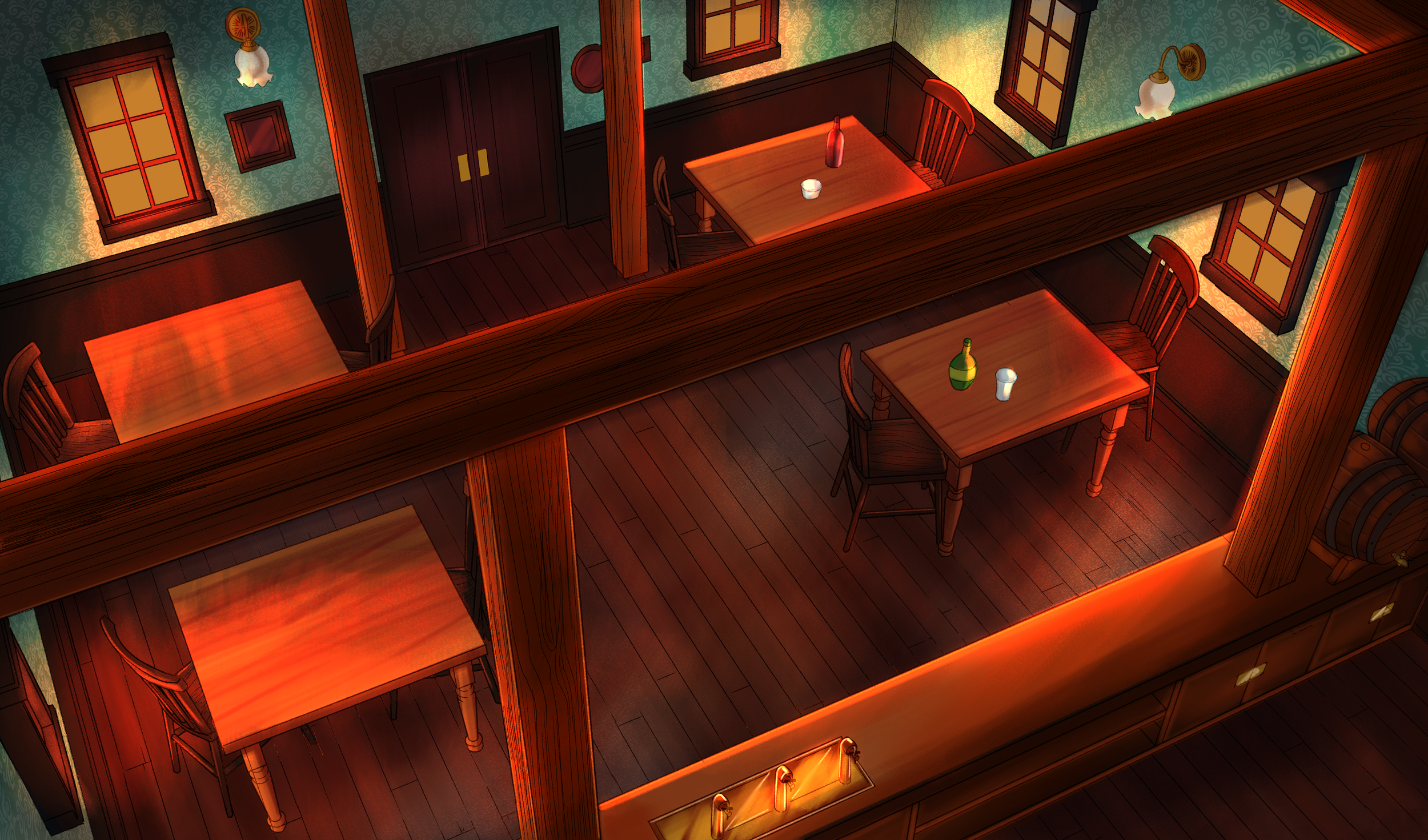 An isometric view of a cozy restaurant interior with wooden tables, chairs, green patterned wallpaper, and wall-mounted lamps. There are some bottles and cups on the tables, and a dark wooden cabinet against the wall.