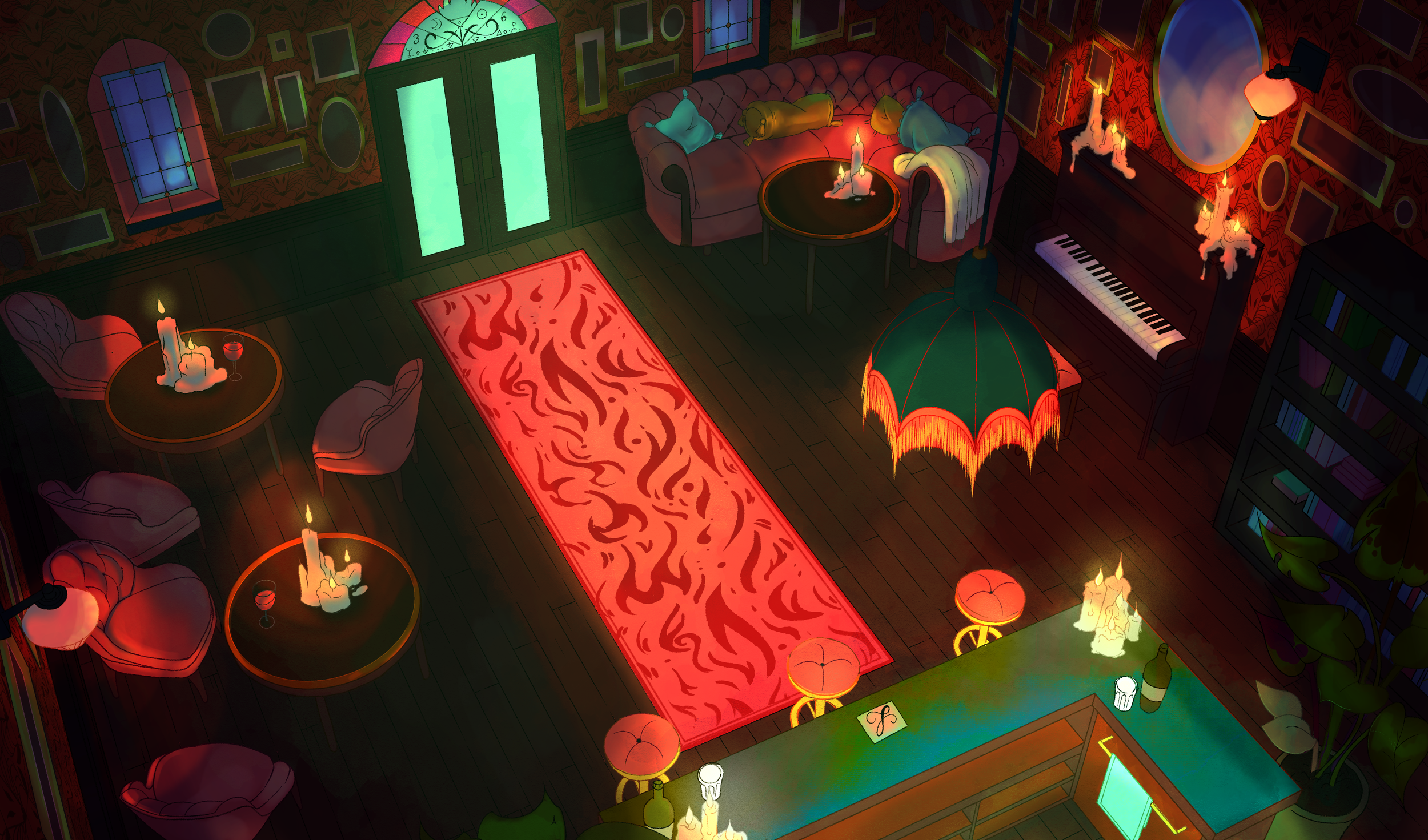 Dimly lit living room decorated with candles, pillows, and artwork on the walls, featuring a red patterned rug, a pink sofa, a round coffee table, and a piano with burning candles and a mirror.