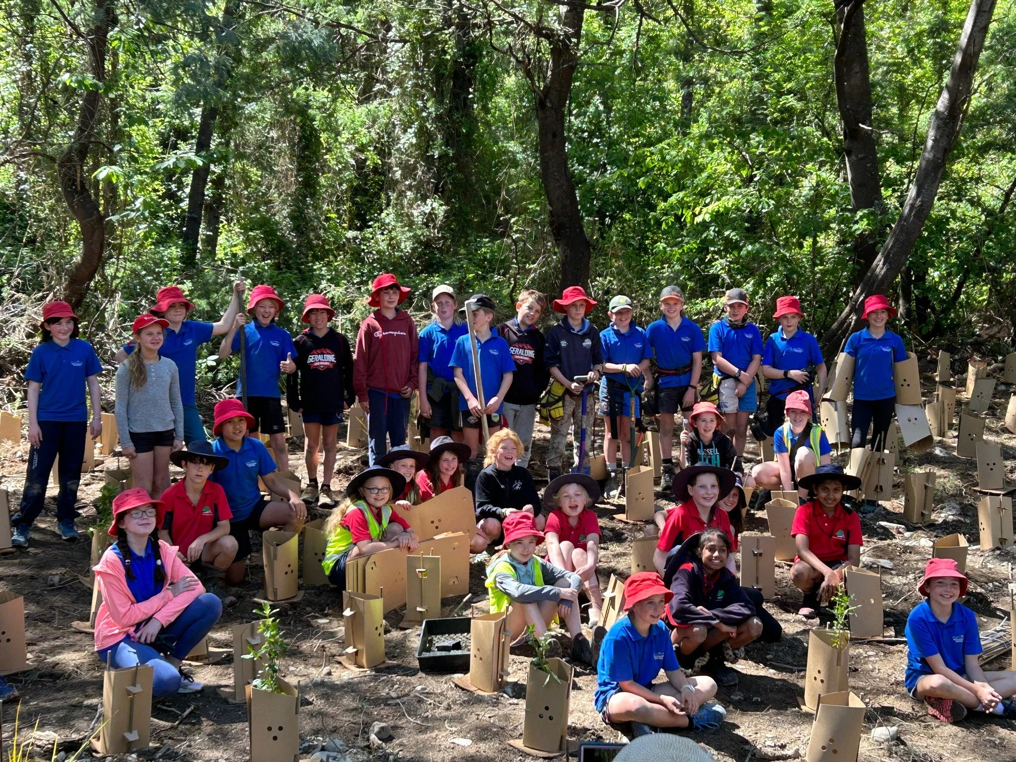 Children in safety hats and uniforms standing and sitting in a forest, holding plants and surrounded by small trees and saplings.