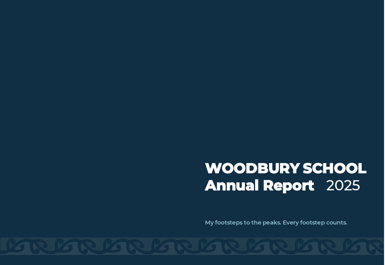 Cover page of Woodbury School 2025 Annual Report with a dark blue background, decorative border, and white text including the school name, report title, year, and motto about footsteps.