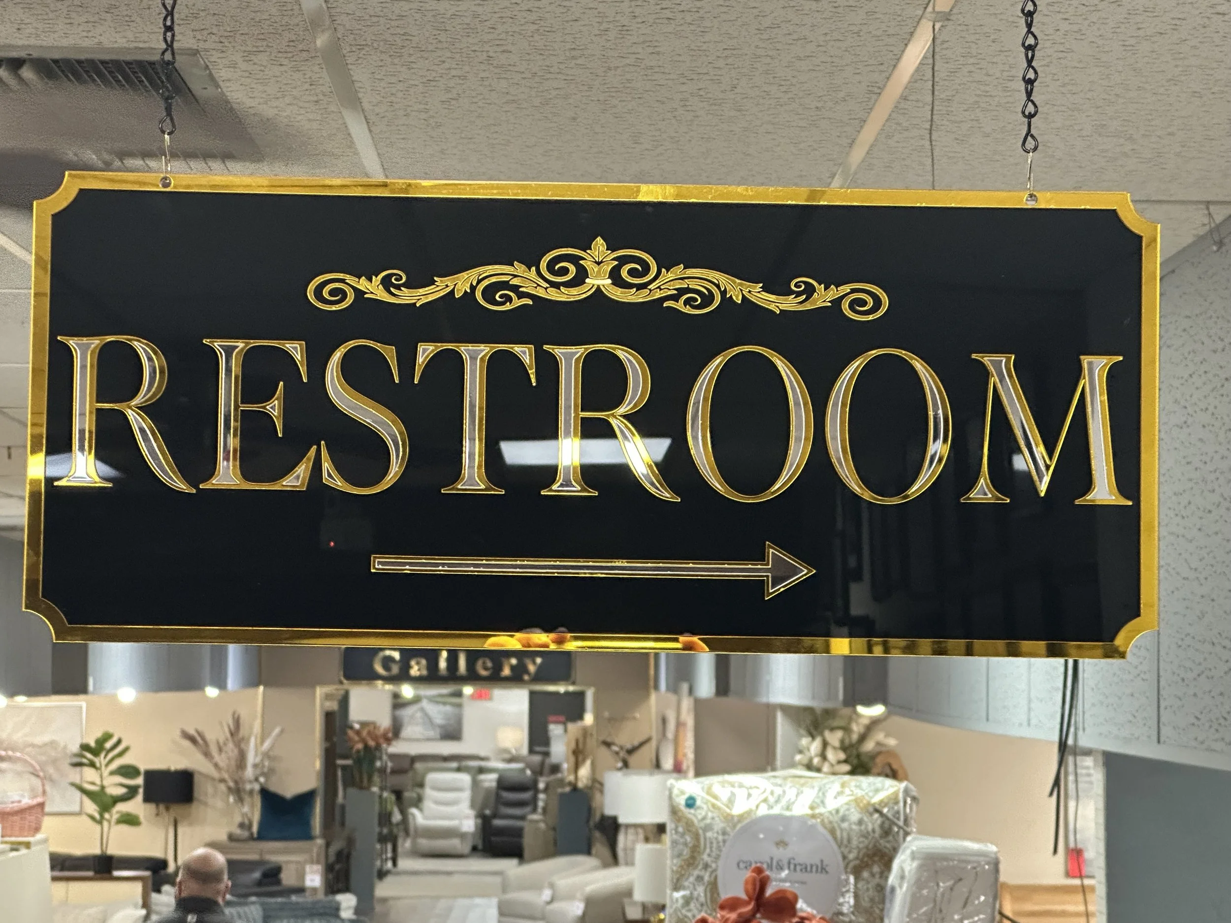 Acrylic layered sign. Gold mirrored acrylic with silver mirrored acrylic insets. restroom sign