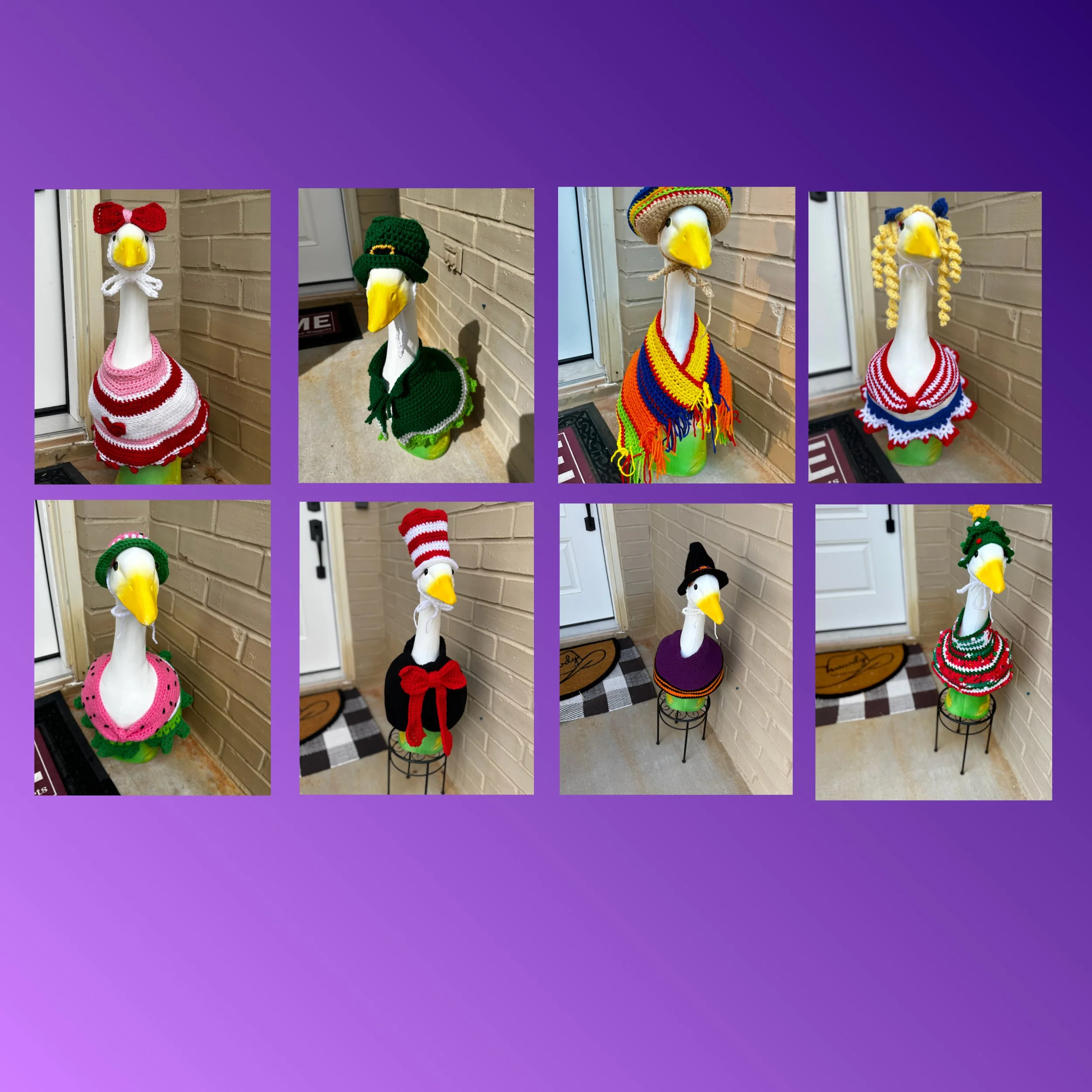 Porch goose yard art dressed in handmade crochet outfits for every season and holiday, used as decorative outdoor garden and farmhouse porch décor.