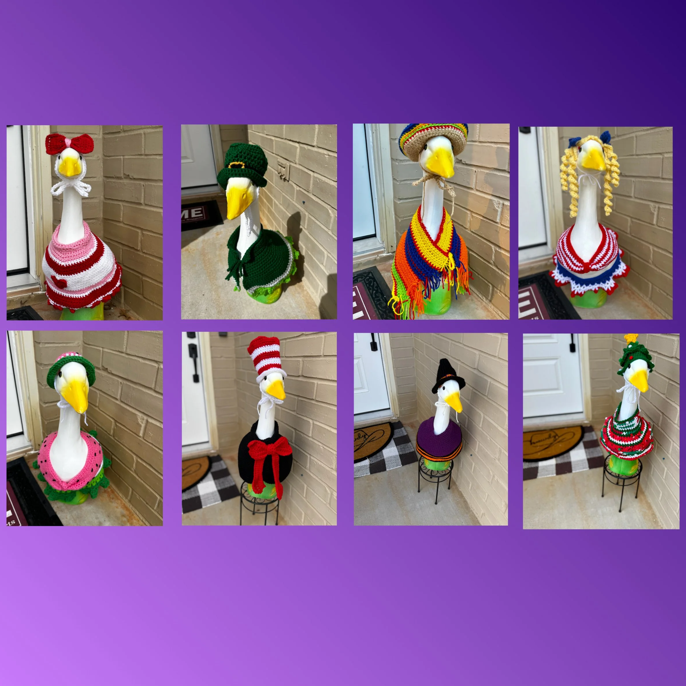Porch goose yard art dressed in handmade crochet outfits for every season and holiday, used as decorative outdoor garden and farmhouse porch décor.