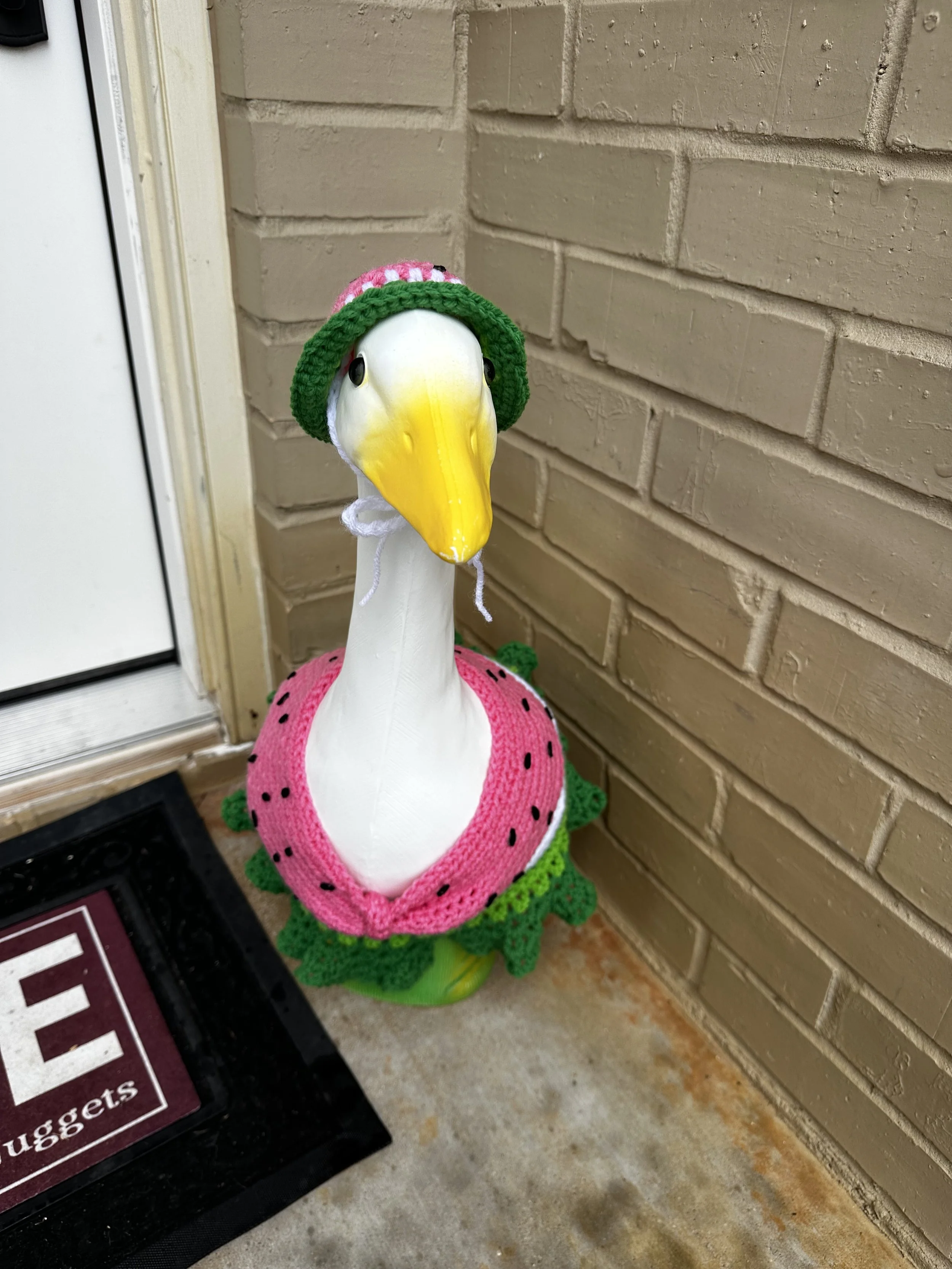 Watermelon Crochet Porch Goose Outfit | Goose Statue Bathing Suit Set | Handmade Yard Art Clothing for 23–28” Garden Goose