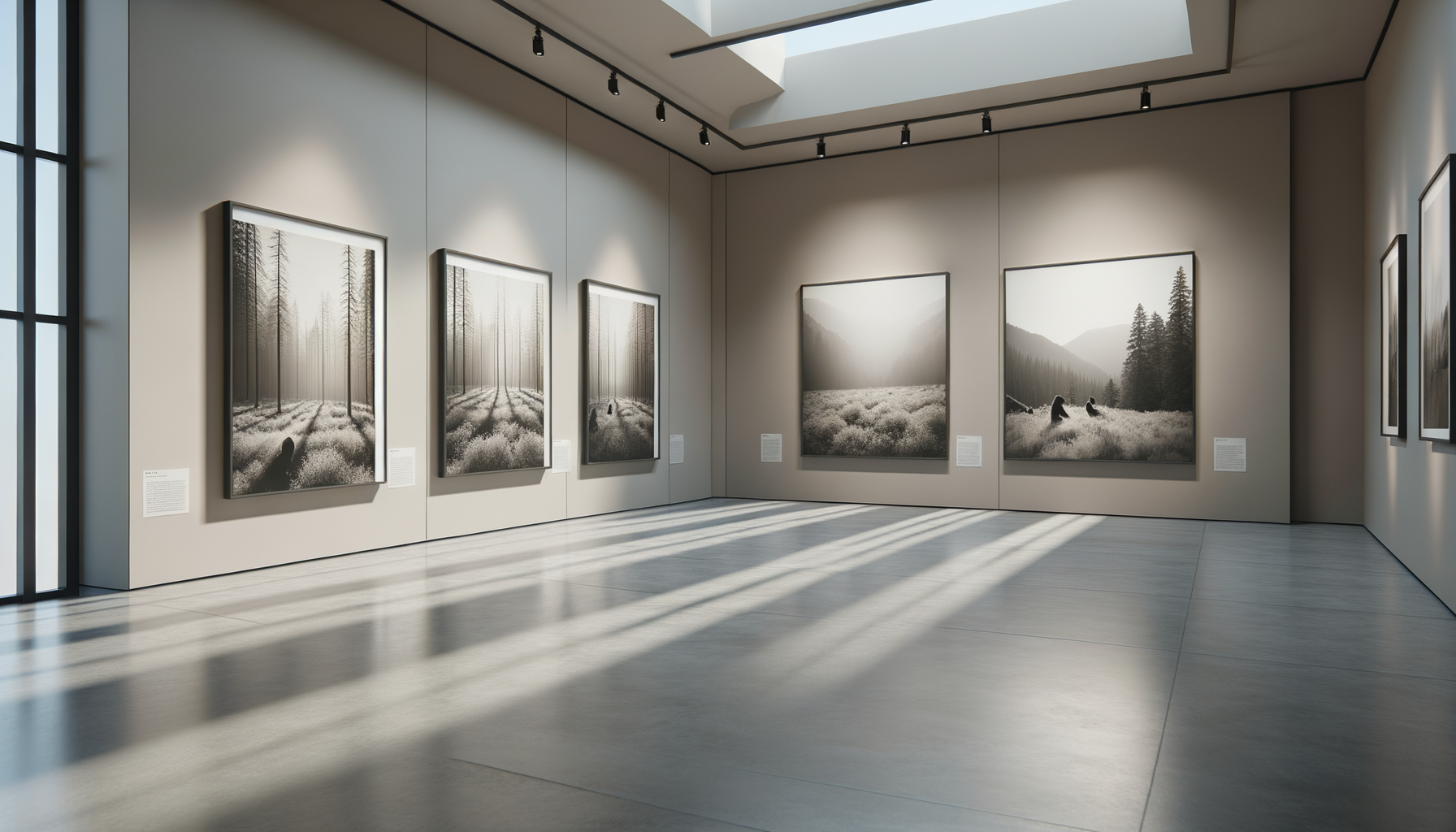 An art gallery showcases black-and-white landscape photographs of forests and mountains on a light-colored wall, with track lighting on the ceiling and natural sunlight creating shadows on the floor.