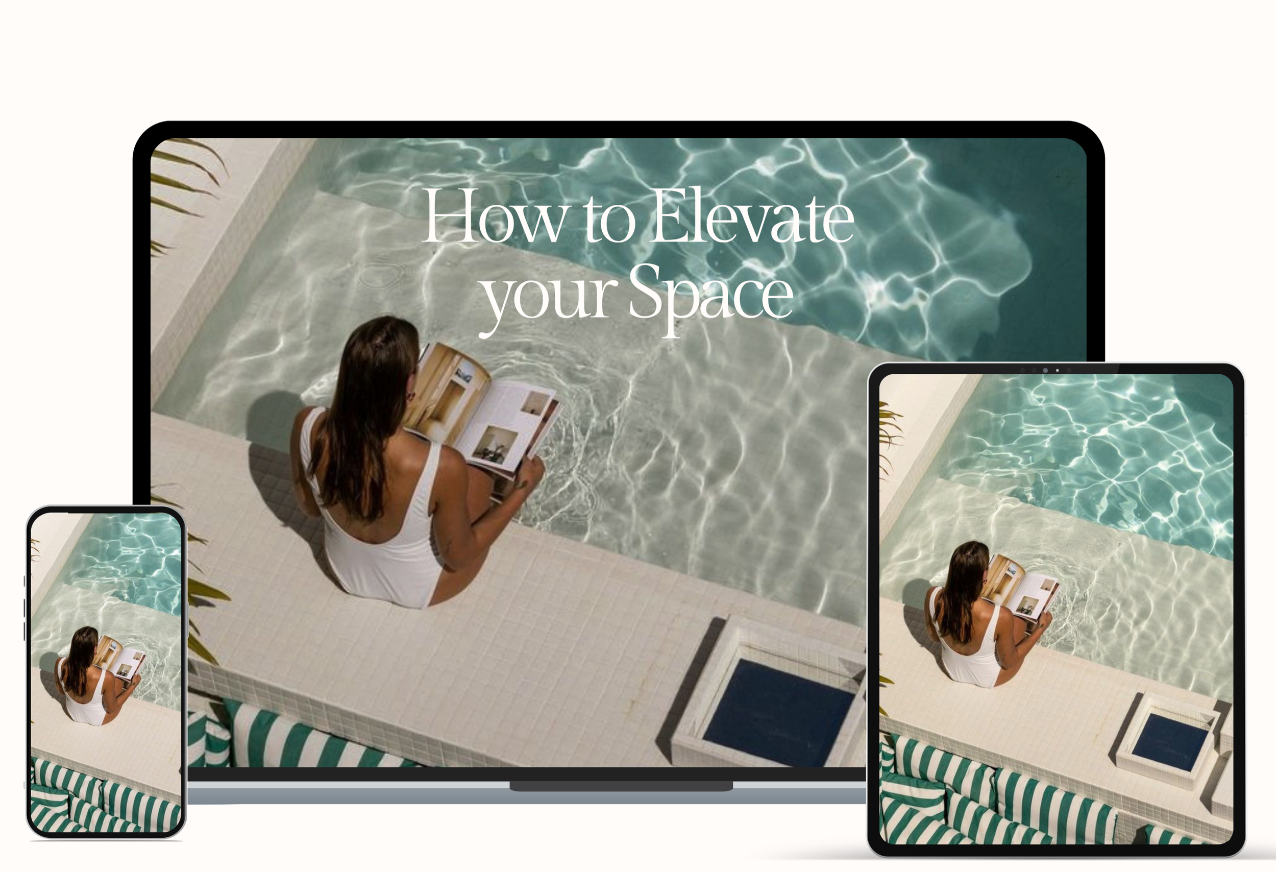 A woman sitting by a swimming pool reading a book, with a tablet and a smartphone displaying the same pool scene.