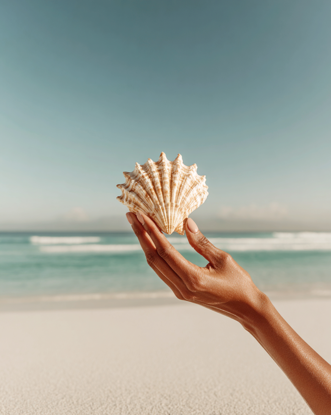 Close-up of a hand holding a seashell on the beach with the ocean and sky in the background.