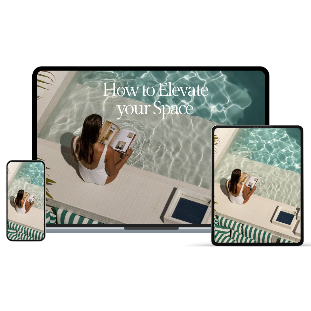 A woman sitting by a swimming pool reading a book, with the text 'How to Elevate your Space' displayed on a digital device screen.