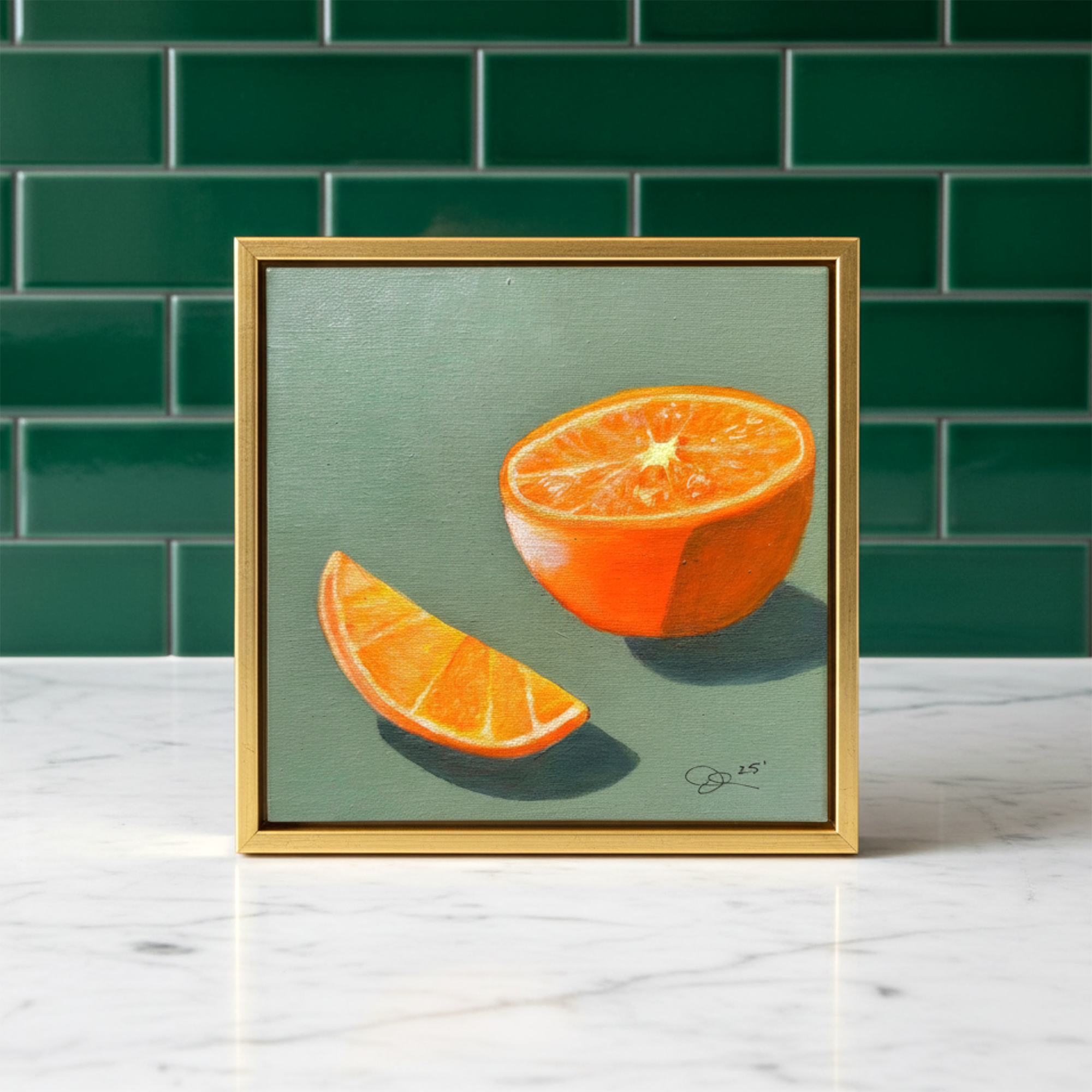 Orange Slice Still Life Painting by Tricia Sauls shown framed in a room mockup for scale and styling reference
