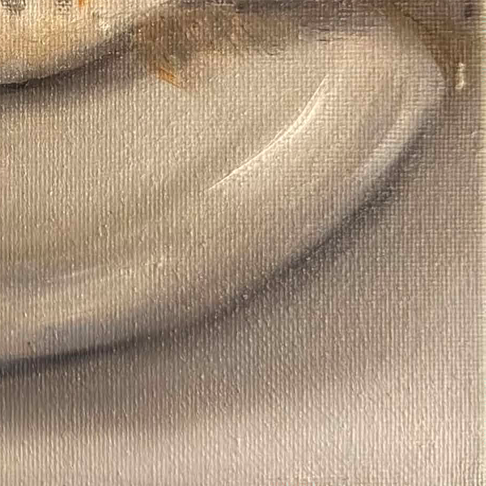 Close-up detail of Fish on Plate Still Life Painting showing oil brushwork, fish, lemon wedge, and plate