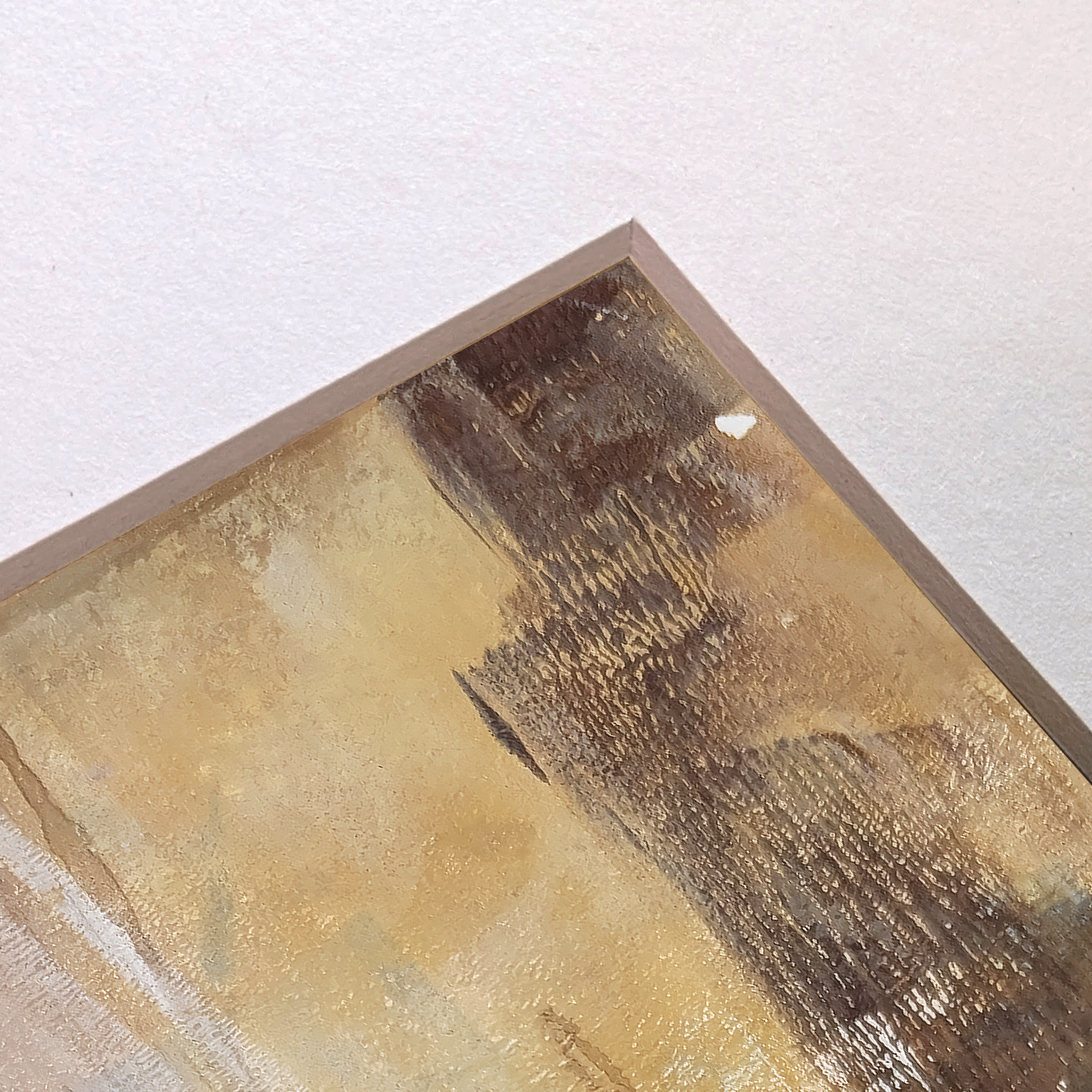 Angled view of Trace No. 01 showing paper texture, mat edge, and layered abstract landscape surface