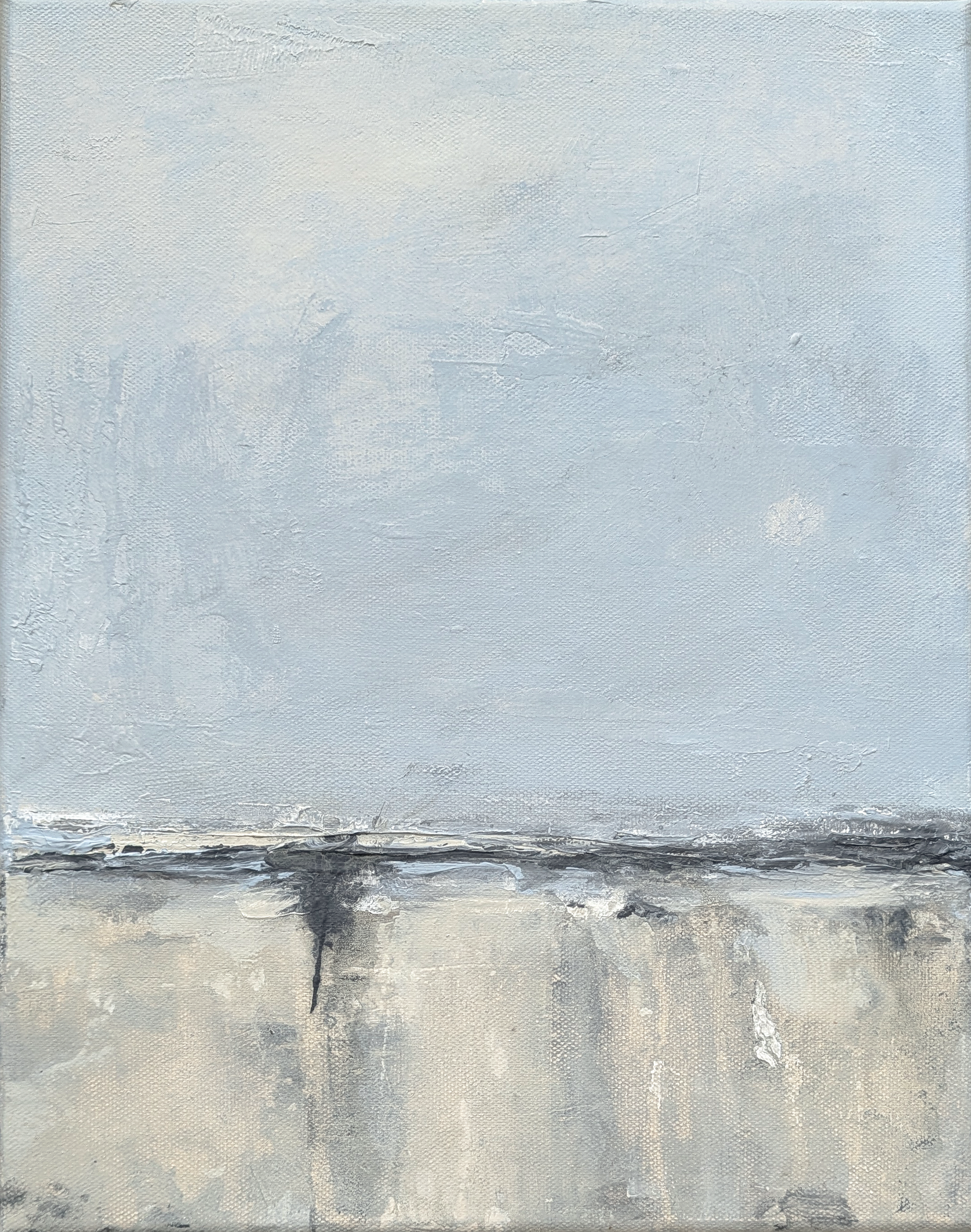 Detail image: Close-up of textured acrylic paint with soft pale blue, warm white, sandy beige, and charcoal-gray surface marks.