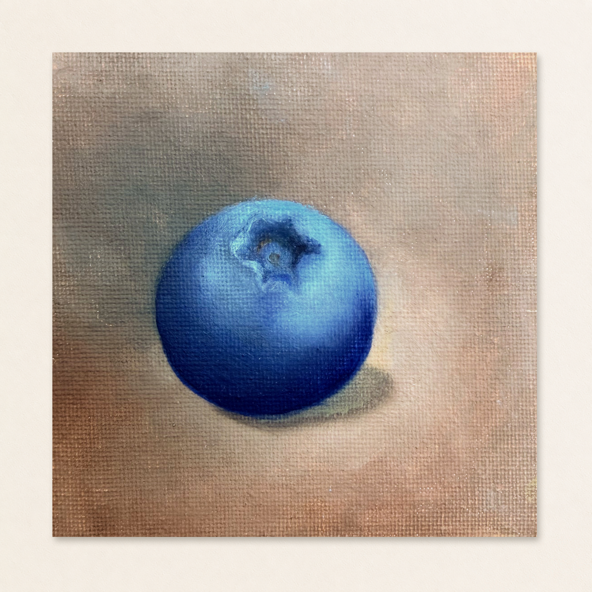 Original 4 x 4 inch oil painting of a single deep blue blueberry with bright blue highlights and a soft cast shadow against a warm taupe-gray background on canvas board.