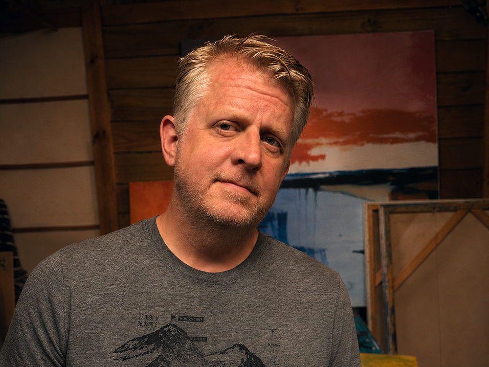  Dean’s abstract paintings often begin with automatic drawing, mark-making, and movement. There is usually no fixed plan at the start. The paintings develop through layers of acrylic color, drawn lines, scraped areas, covered marks, and decisions mad