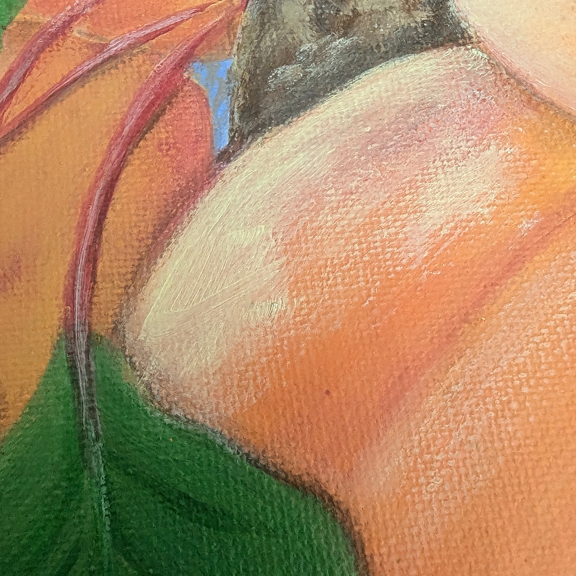 Close-up detail of Peach Branch Still Life Painting showing peaches, green leaves, blue background, and acrylic brushwork