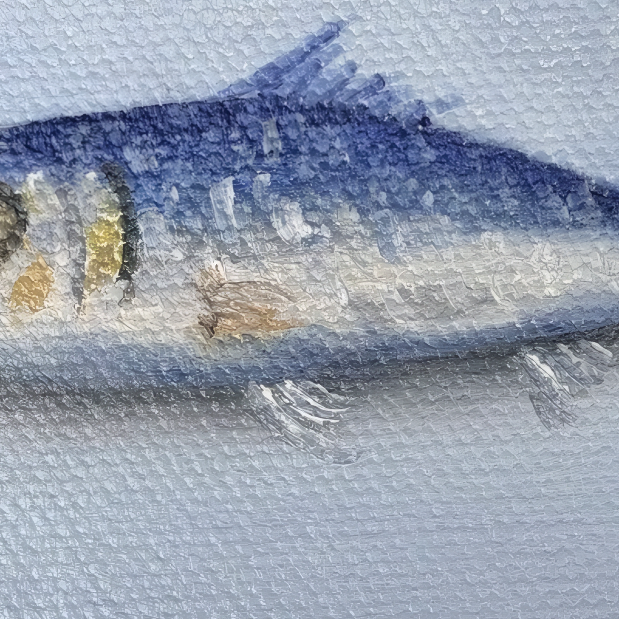 Close-up detail of Fish Mini Still Life Painting showing oil brushwork, fish form, and pale blue canvas texture