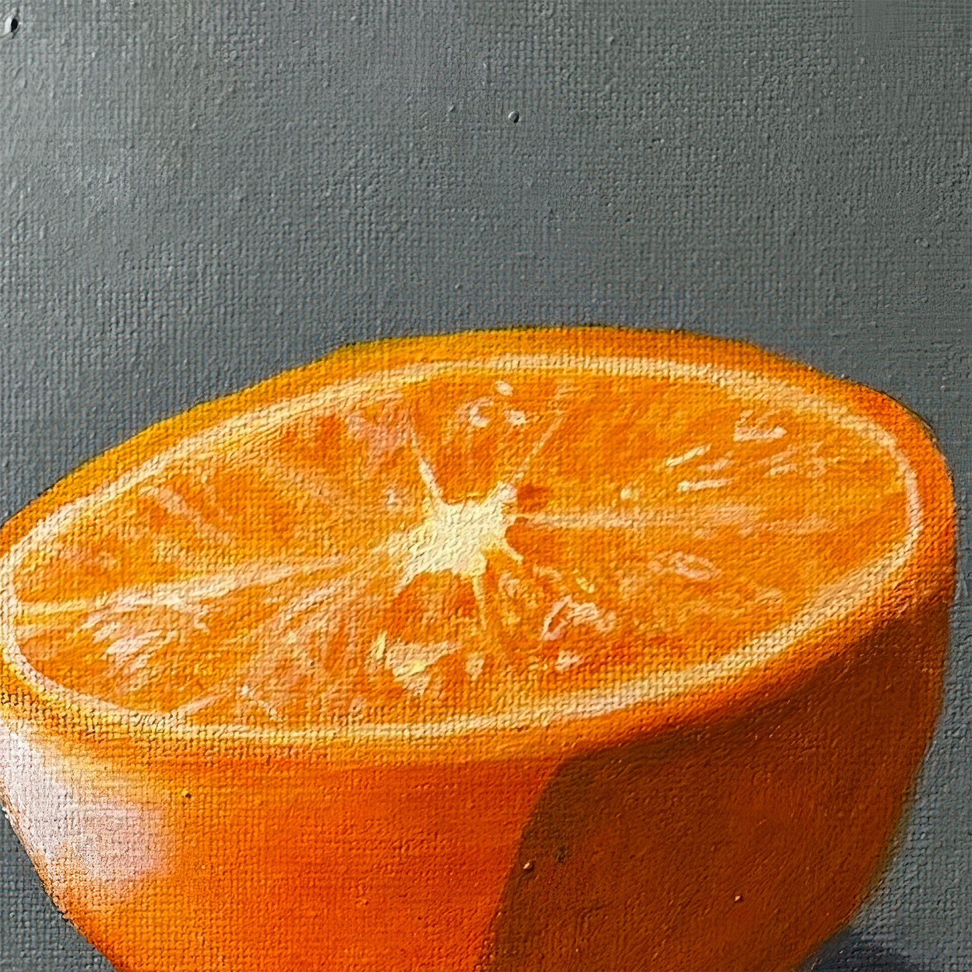 Close-up detail of Orange Slice Still Life Painting showing acrylic brushwork, orange segments, and green background