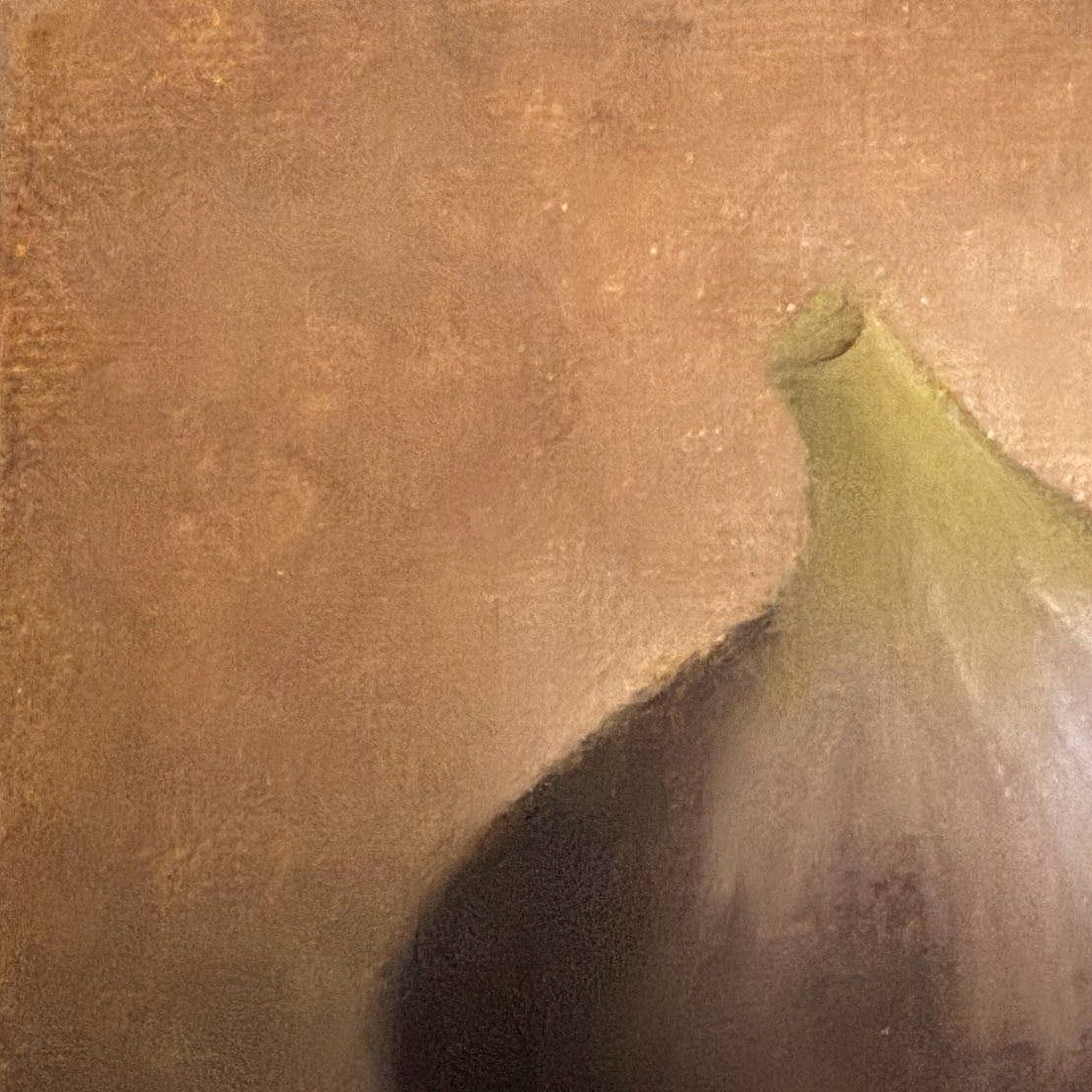 Close-up detail of Fig Mini Still Life Painting showing oil brushwork, fig form, and warm brown canvas texture