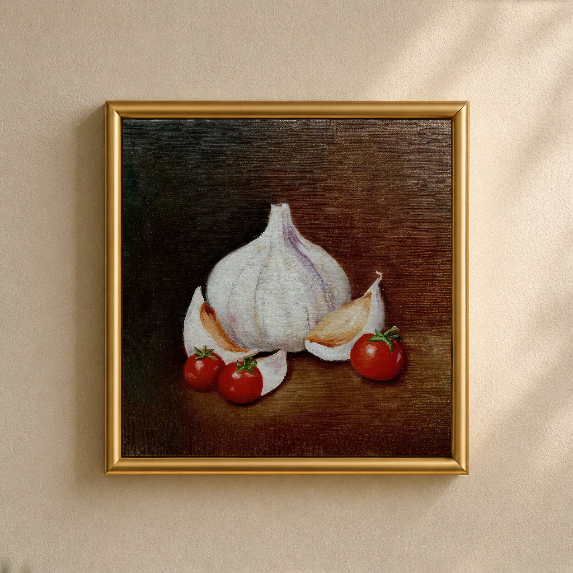 Garlic Bulb Still Life Painting by Tricia Sauls shown framed in a room mockup for scale and styling reference