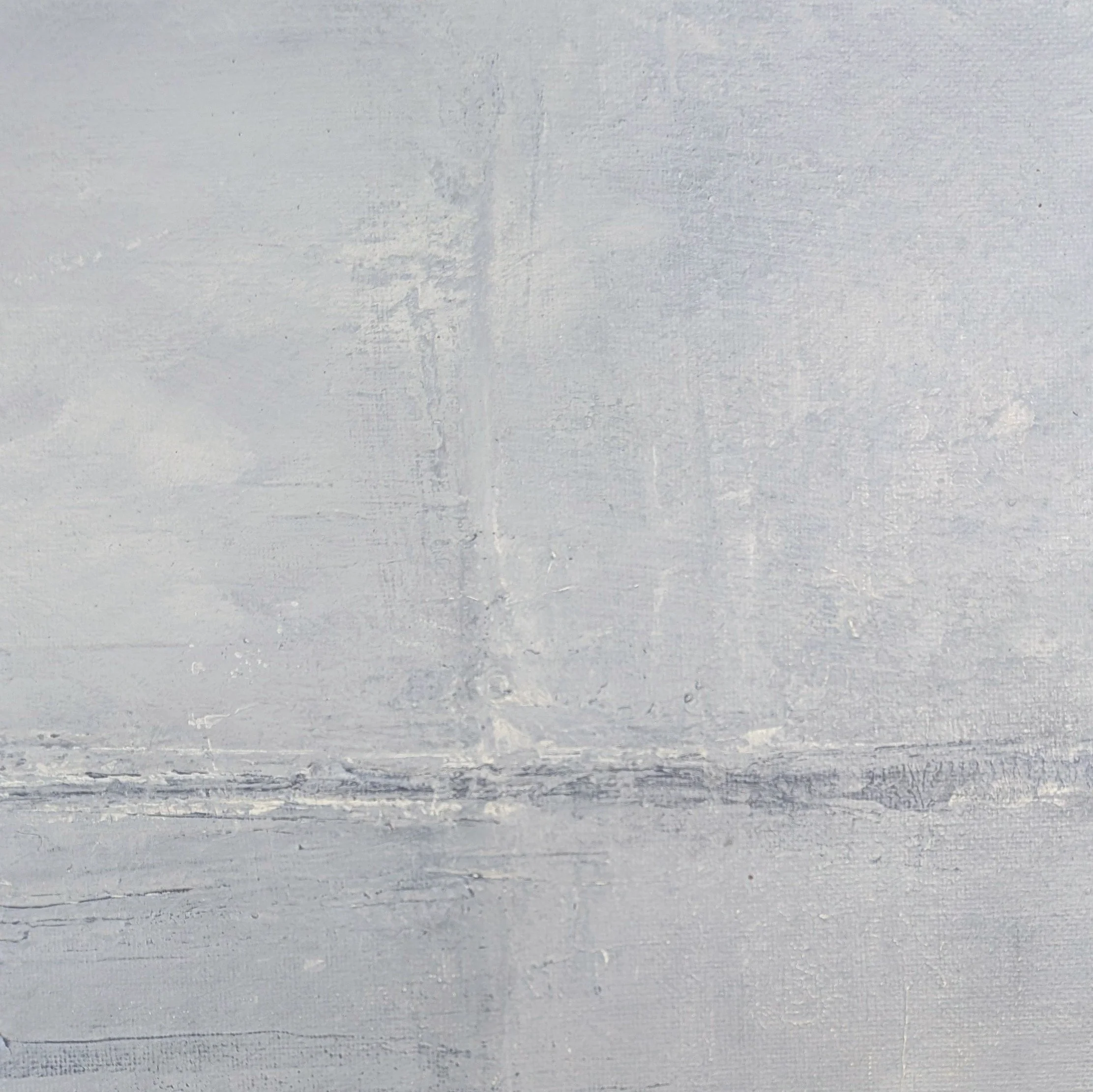 Close-up of textured acrylic paint with pale gray-blue, warm white, soft neutral marks, and subtle scraped surface texture.