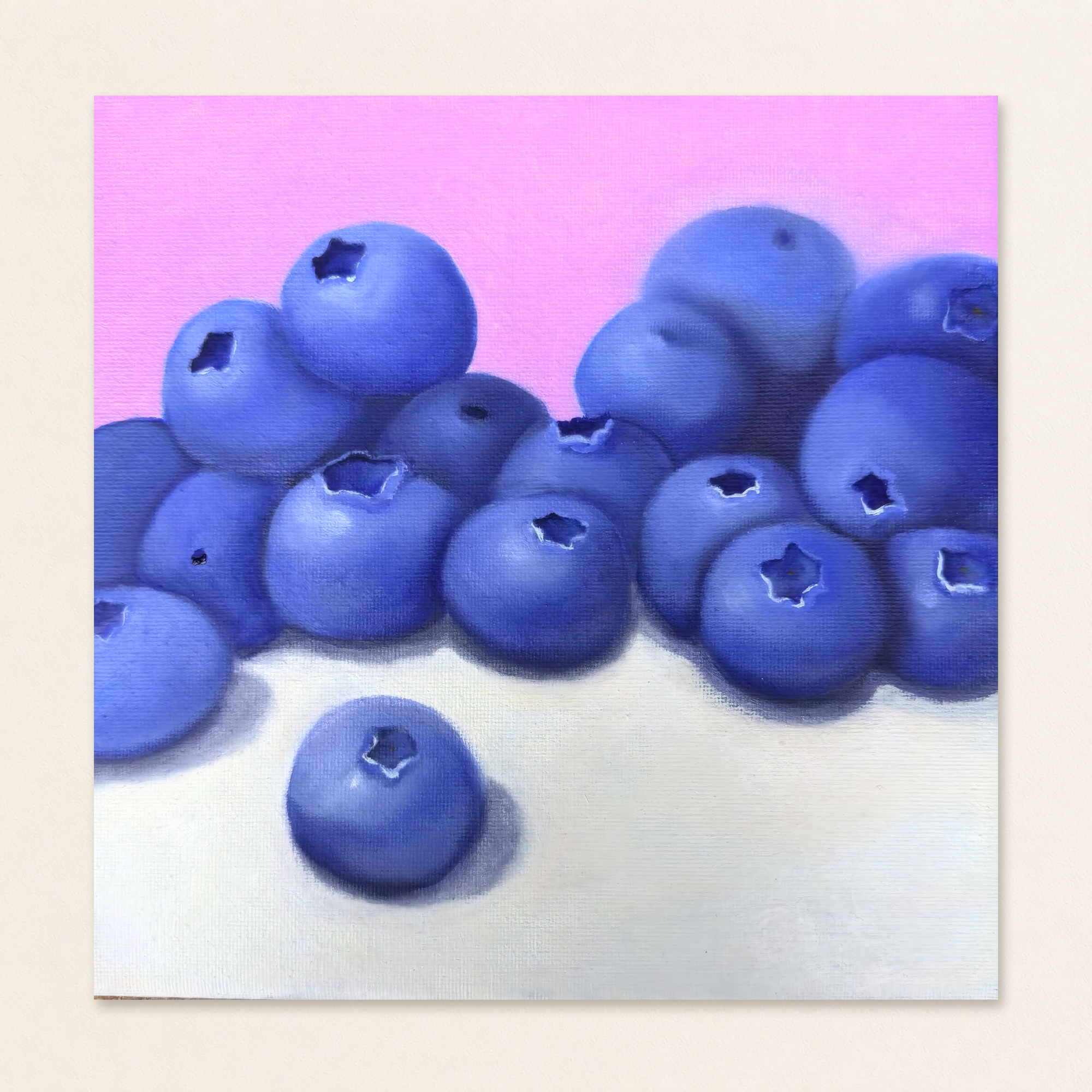 Original 8 x 8 inch oil painting of clustered blue blueberries against a vivid pink background and pale foreground, with one blueberry separated in front.