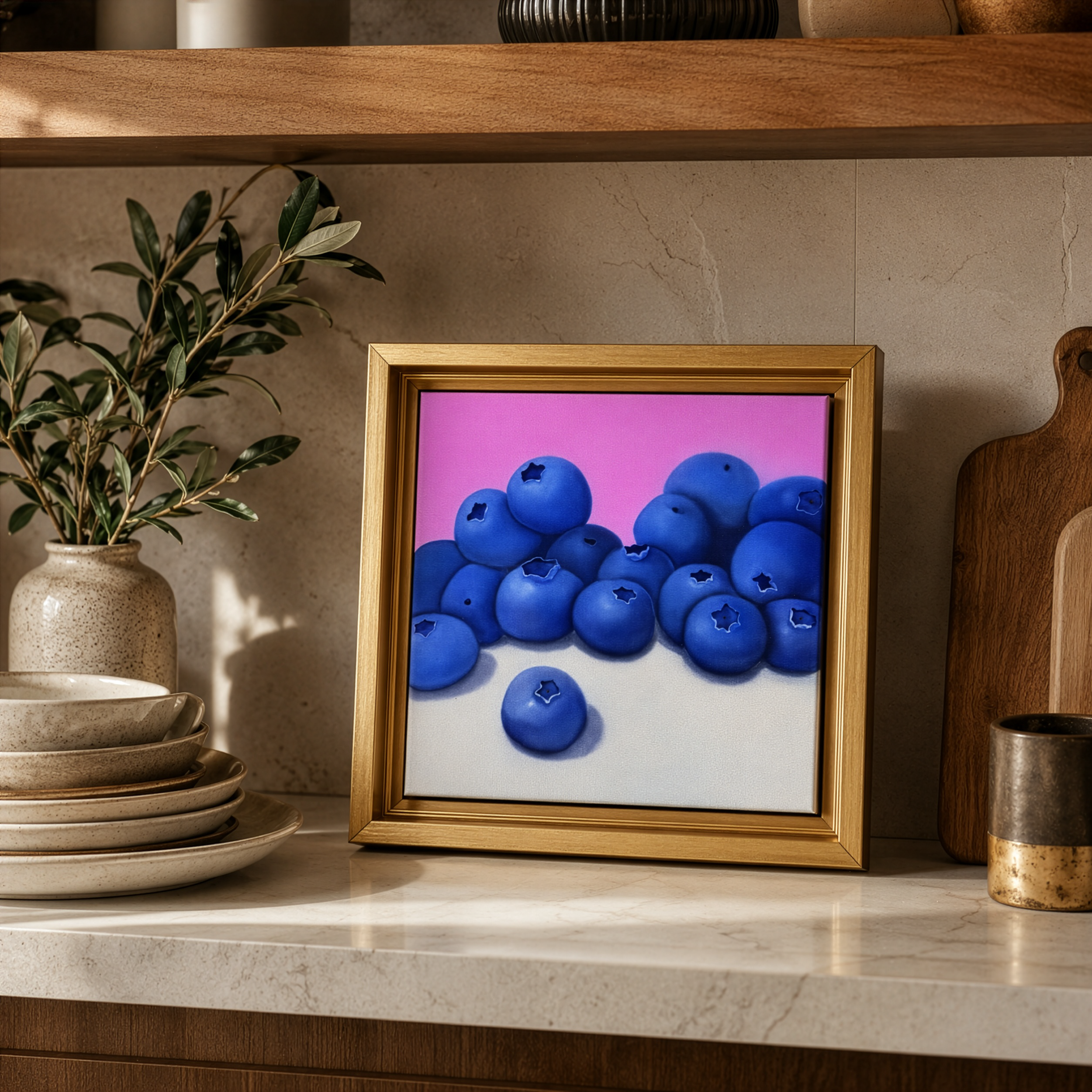 Small original still life painting displayed in a home interior, showing how smaller artwork can create a quiet collected moment.