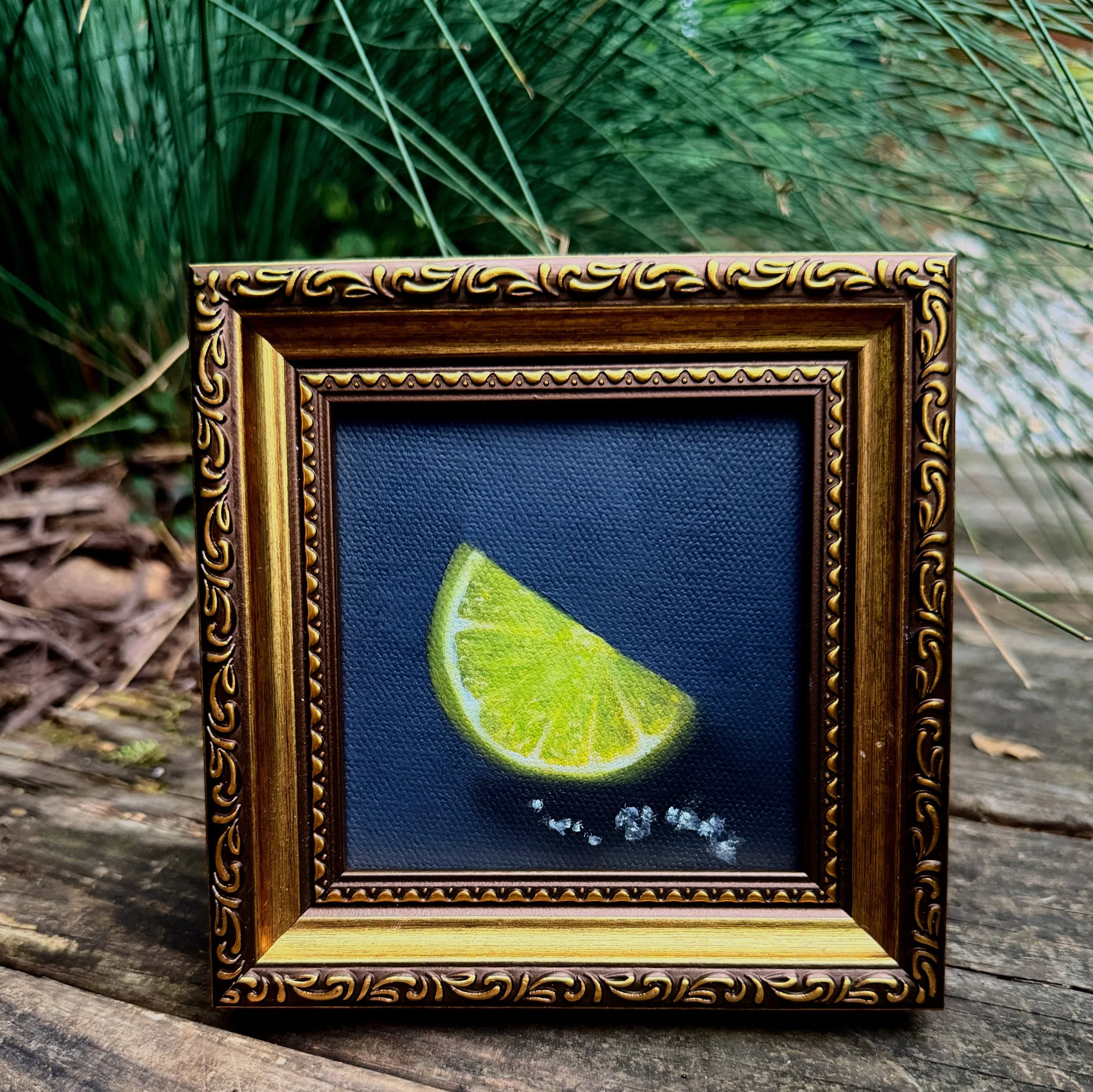 Small square lime oil painting shown on canvas board, ready to frame or display as part of a kitchen, bar, or dining room art grouping.