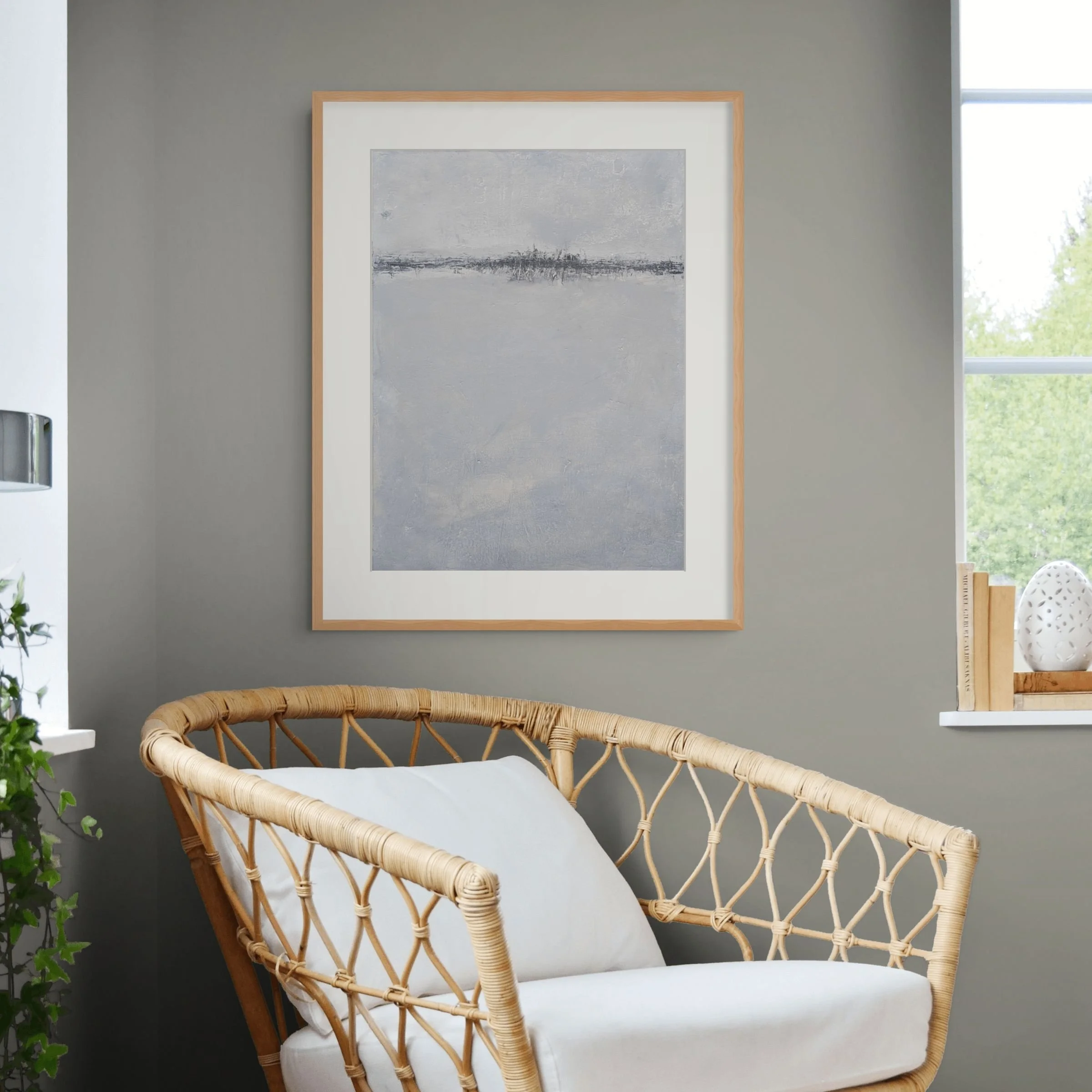 Original 18 x 24 abstract landscape painting on stretched canvas with a muted atmospheric palette and dark weathered horizon line.